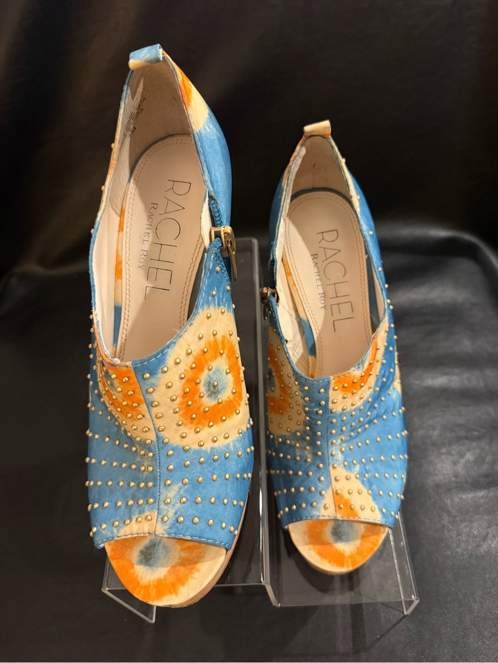 Rachel Roy Platform Peep Toe Heels Size 7M Orange Cream Blue Tie Dye Design